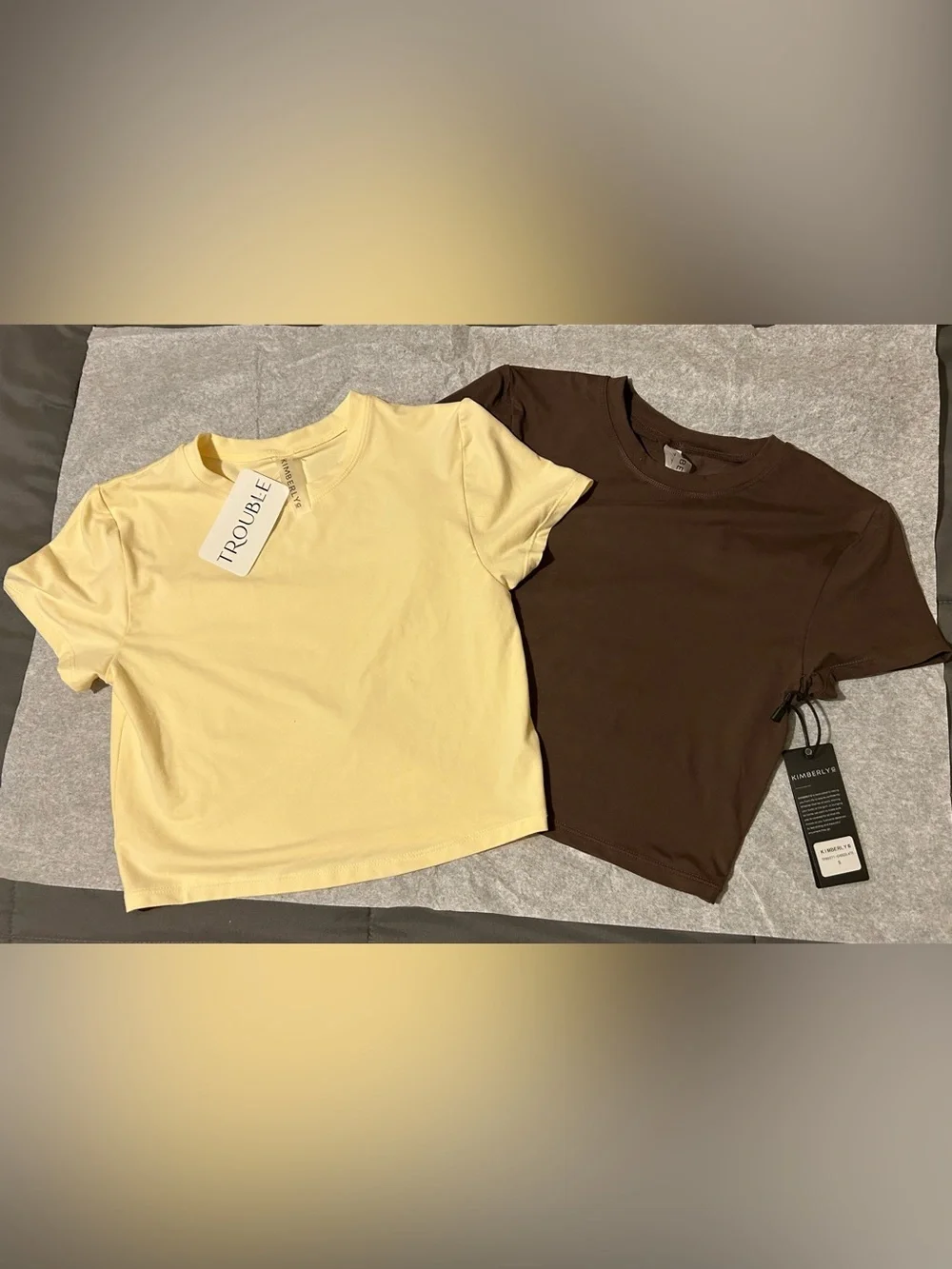 Kimberly & Co Women's Short Sleeve Crop Top - Pale Yellow and Espresso - Picture 1 of 1